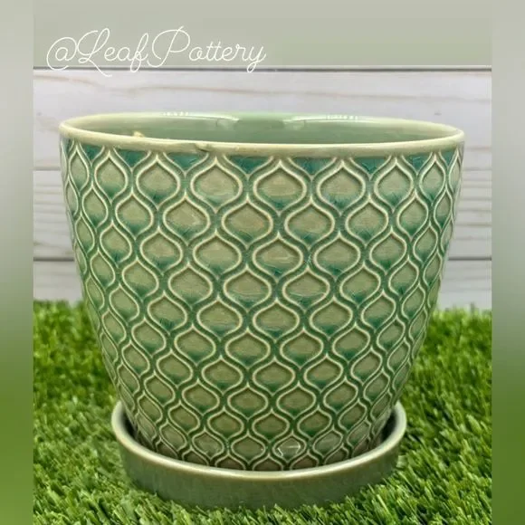 Coral Aqua/Green Ceramic Planter Pot with Saucer Attached - Picture 4 of 8